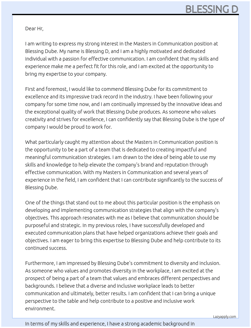 Masters in Communication objectives At Blessing Dube Cover Letter