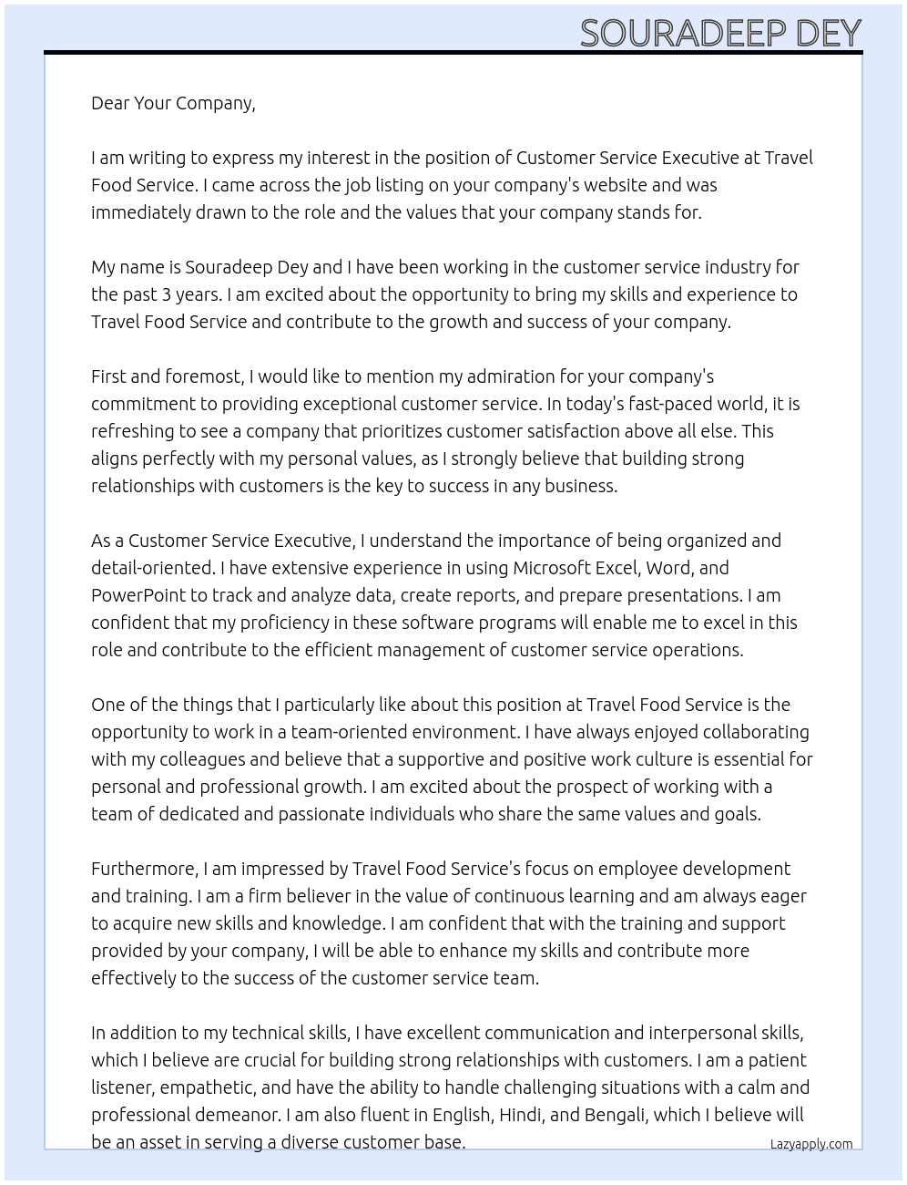 Customer Service Executive  At Travel Food Service  Cover Letter