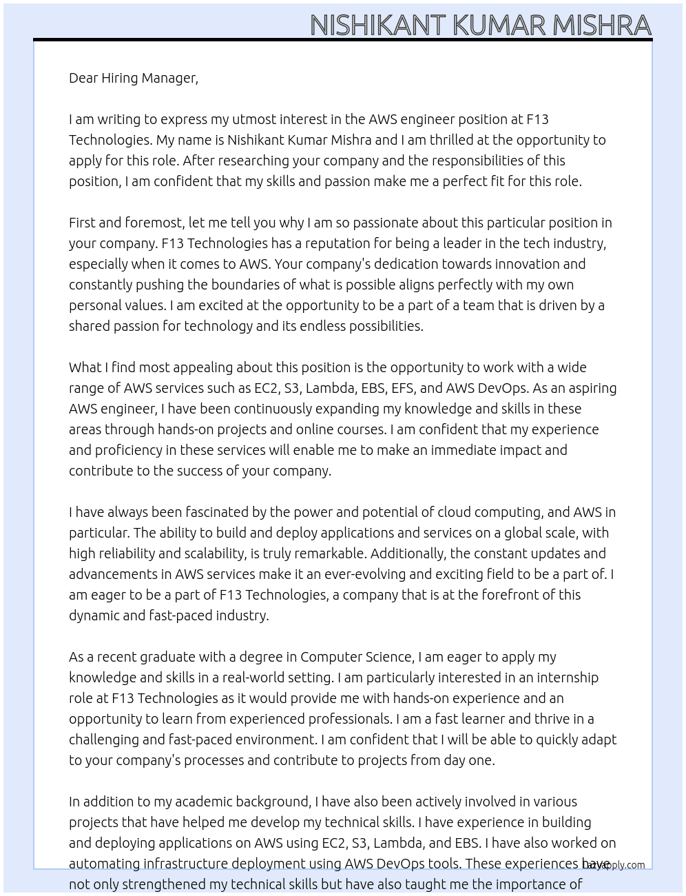 AWS engineer At F13 Technologies Cover Letter
