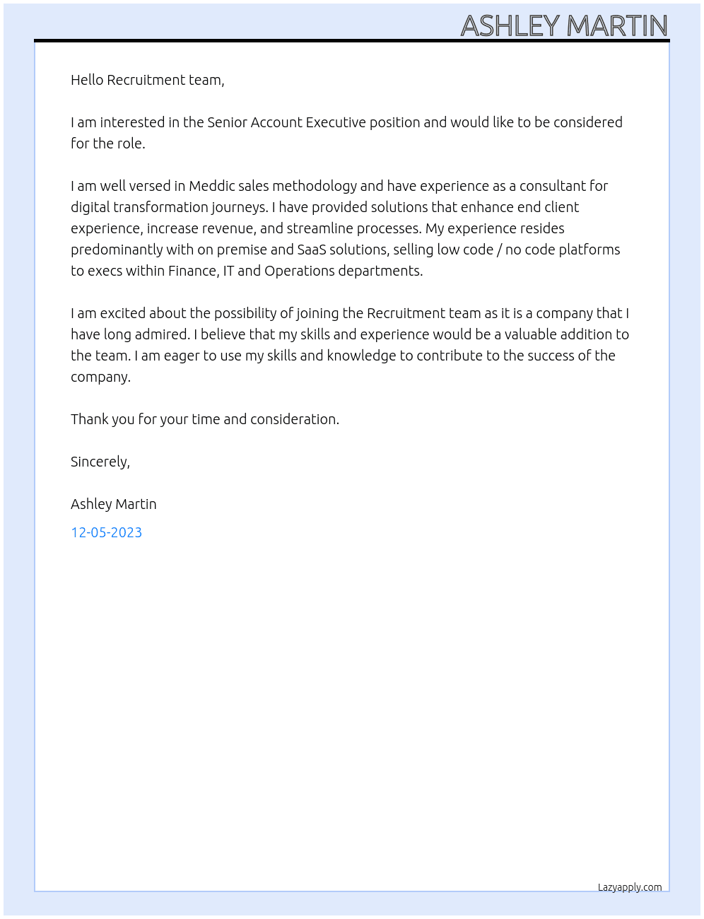 Senior Account Executive At Recruitment team Cover Letter