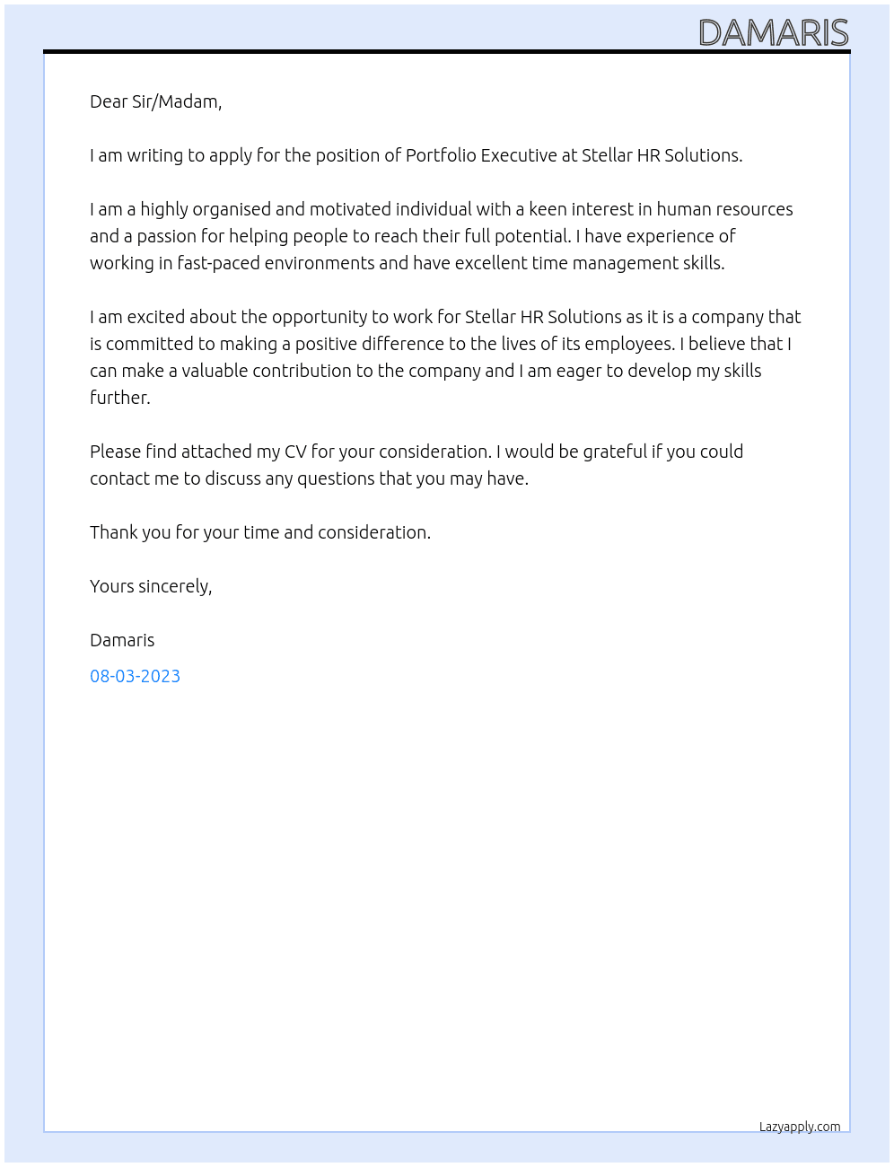 PORTFOLIO EXECUTIVE  At Stellar HR Solutions  Cover Letter