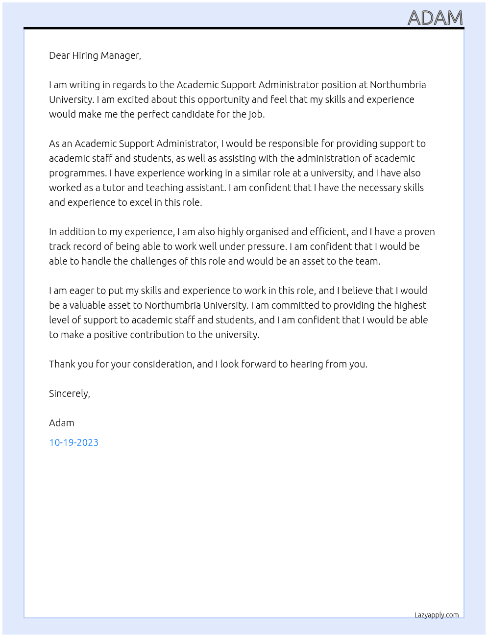 Academic Support Administrator At Northumbria University Cover Letter