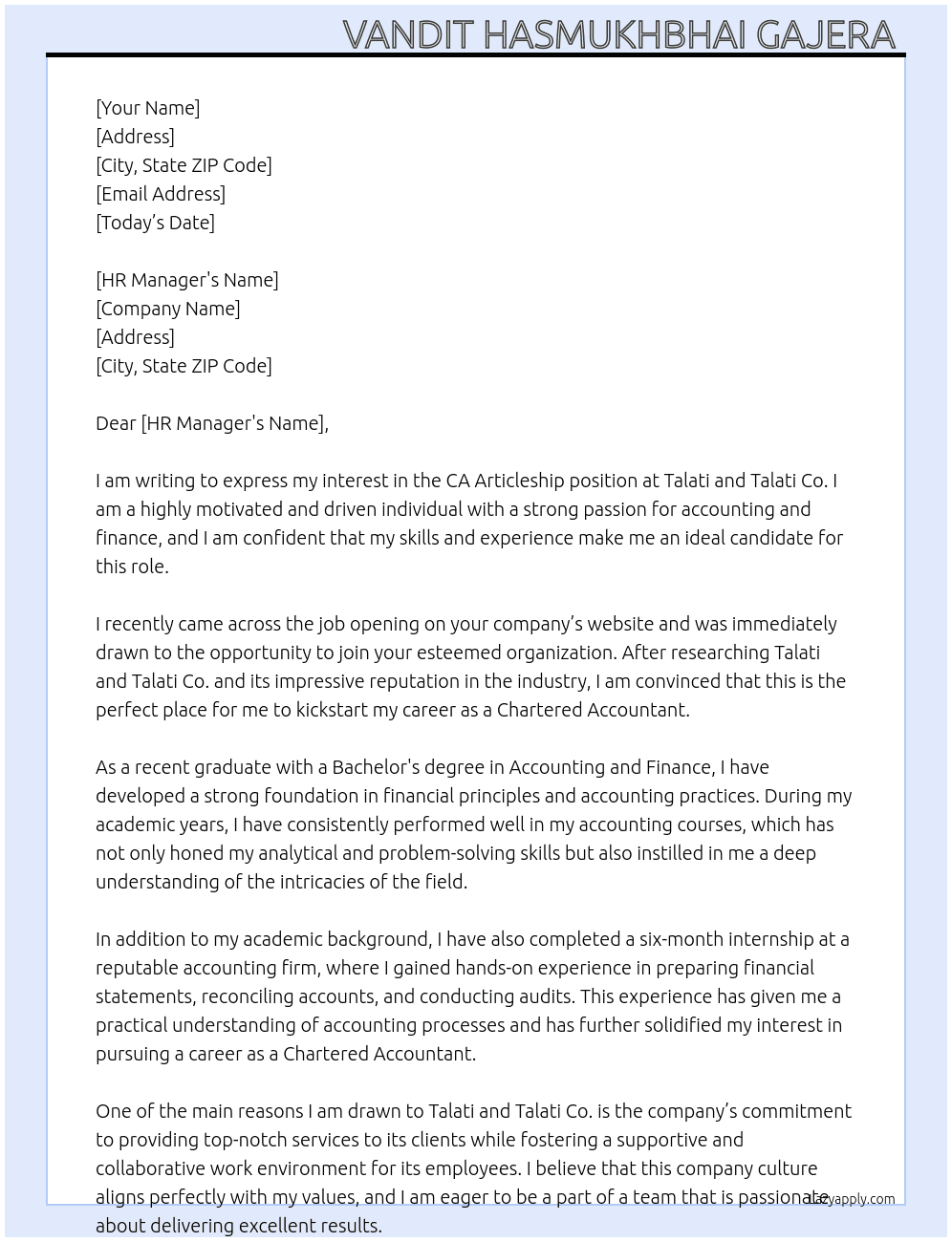 CA Articleship At Talati and talati co. Cover Letter