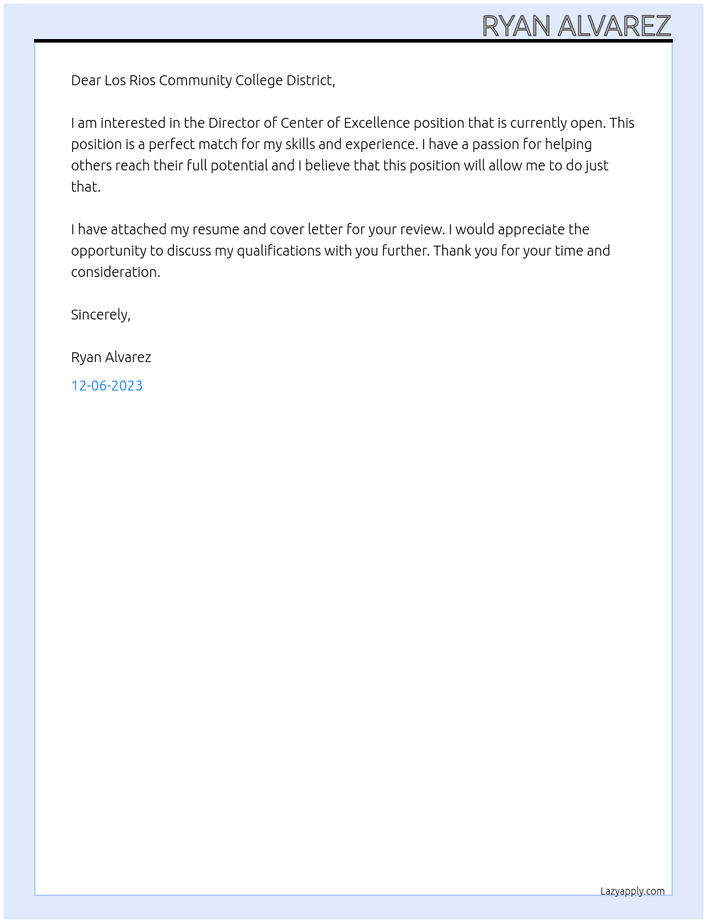 Director of Center of Excellence  At Los Rios Community College District  Cover Letter