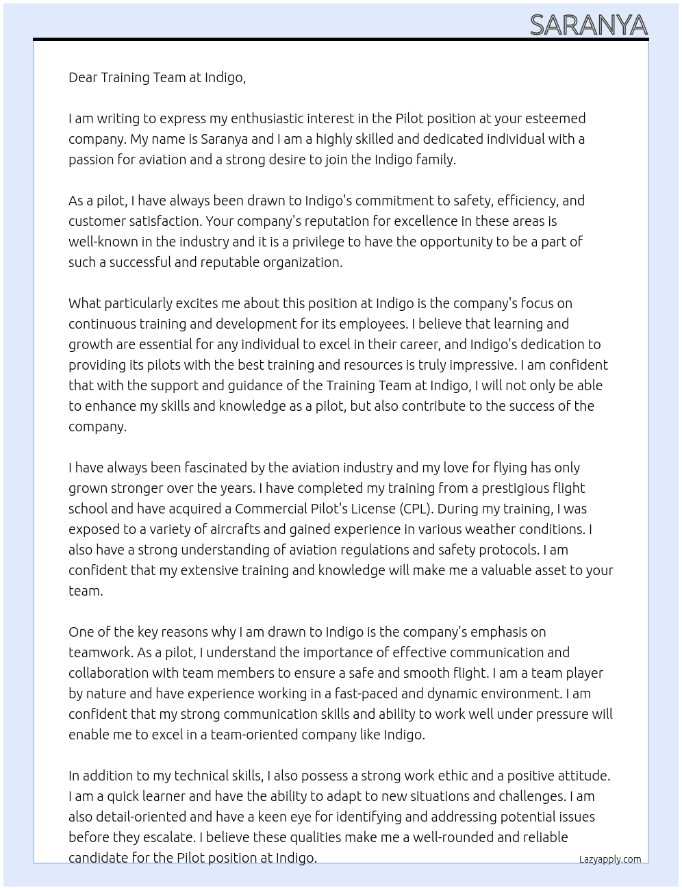 Pilot At Indigo Cover Letter