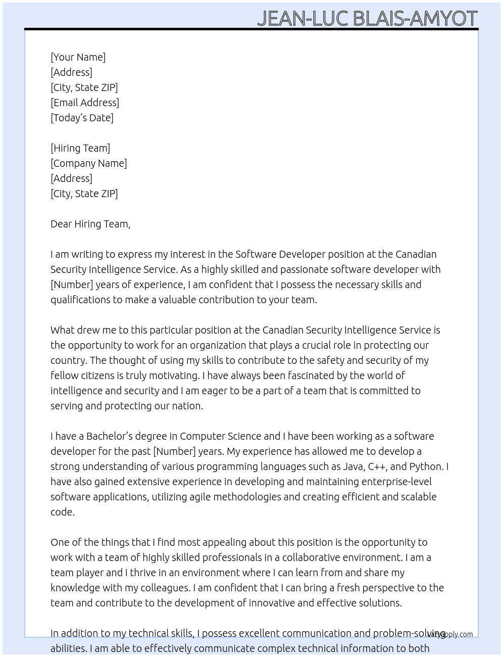 software developper At Canadian Security Intelligence Service Cover Letter