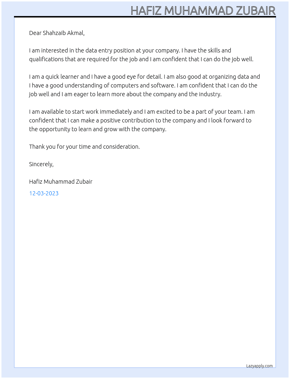 Data entry At Shahzaib Akmal Cover Letter