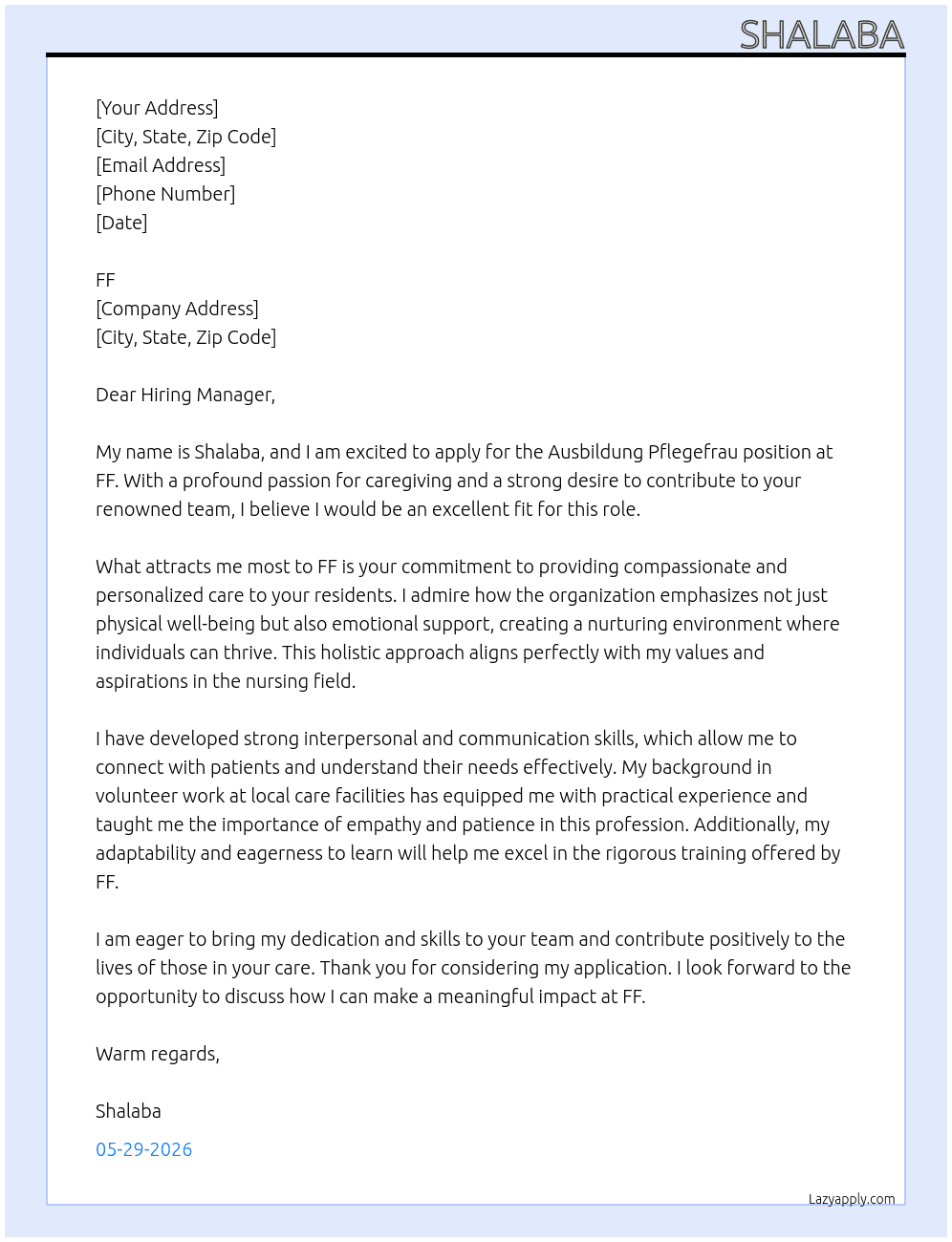Cover letter for ausbildung pflegefrau - LazyApply