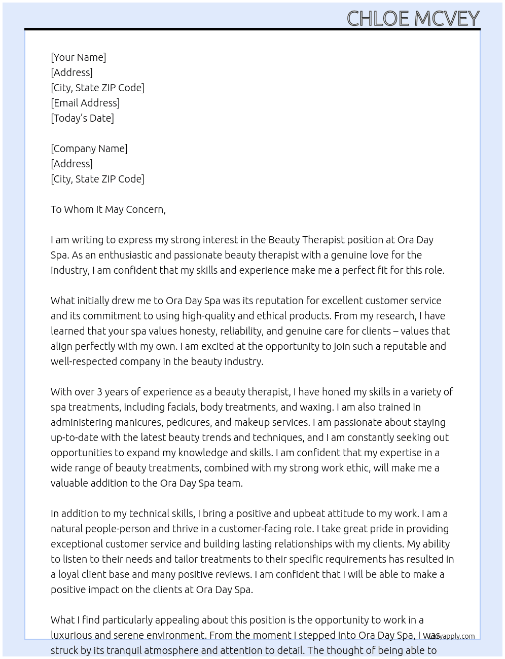 Beauty Therapist At Ora Day Spa Cover Letter