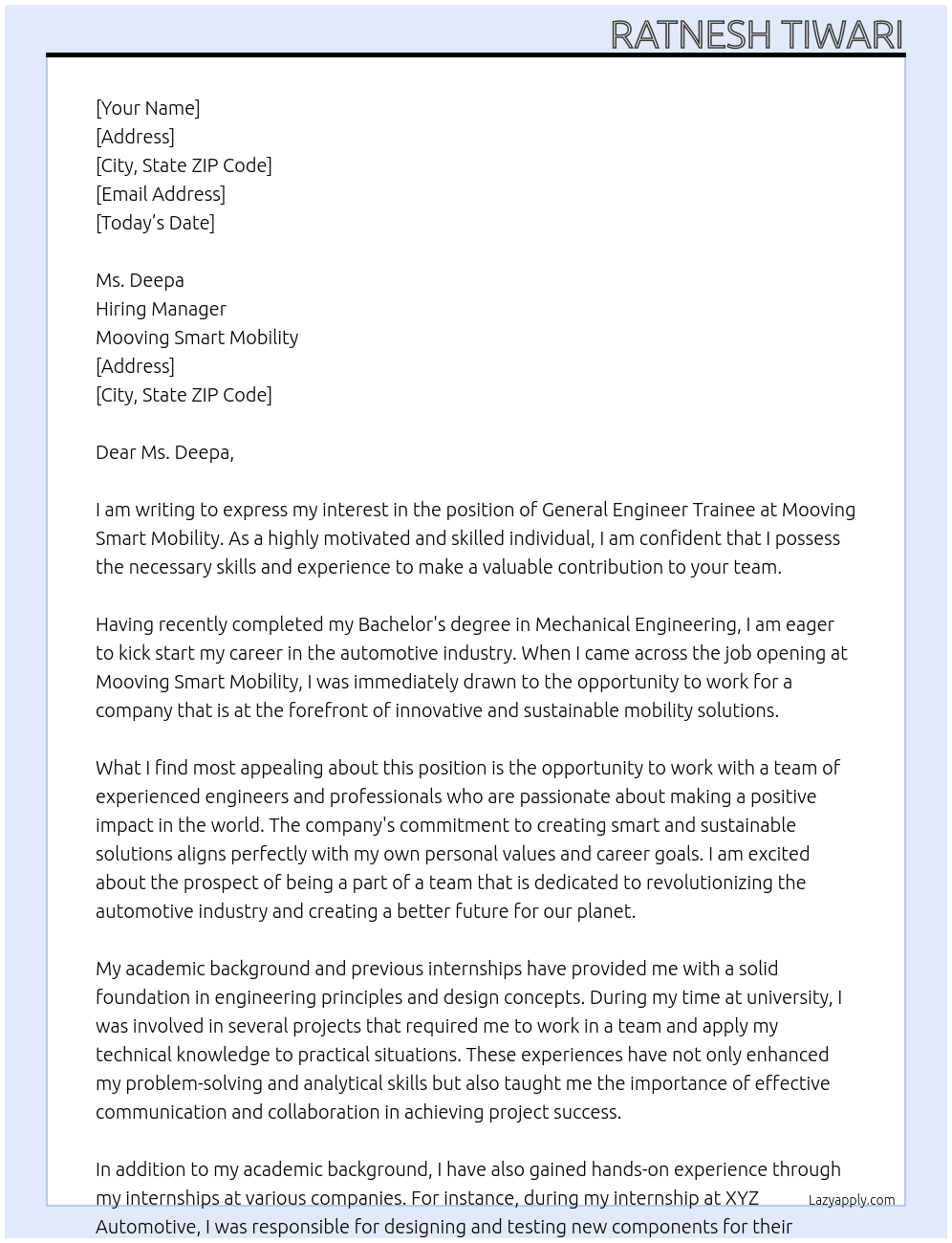 General Engineer Trainee At Mooving Smart Mobility Cover Letter