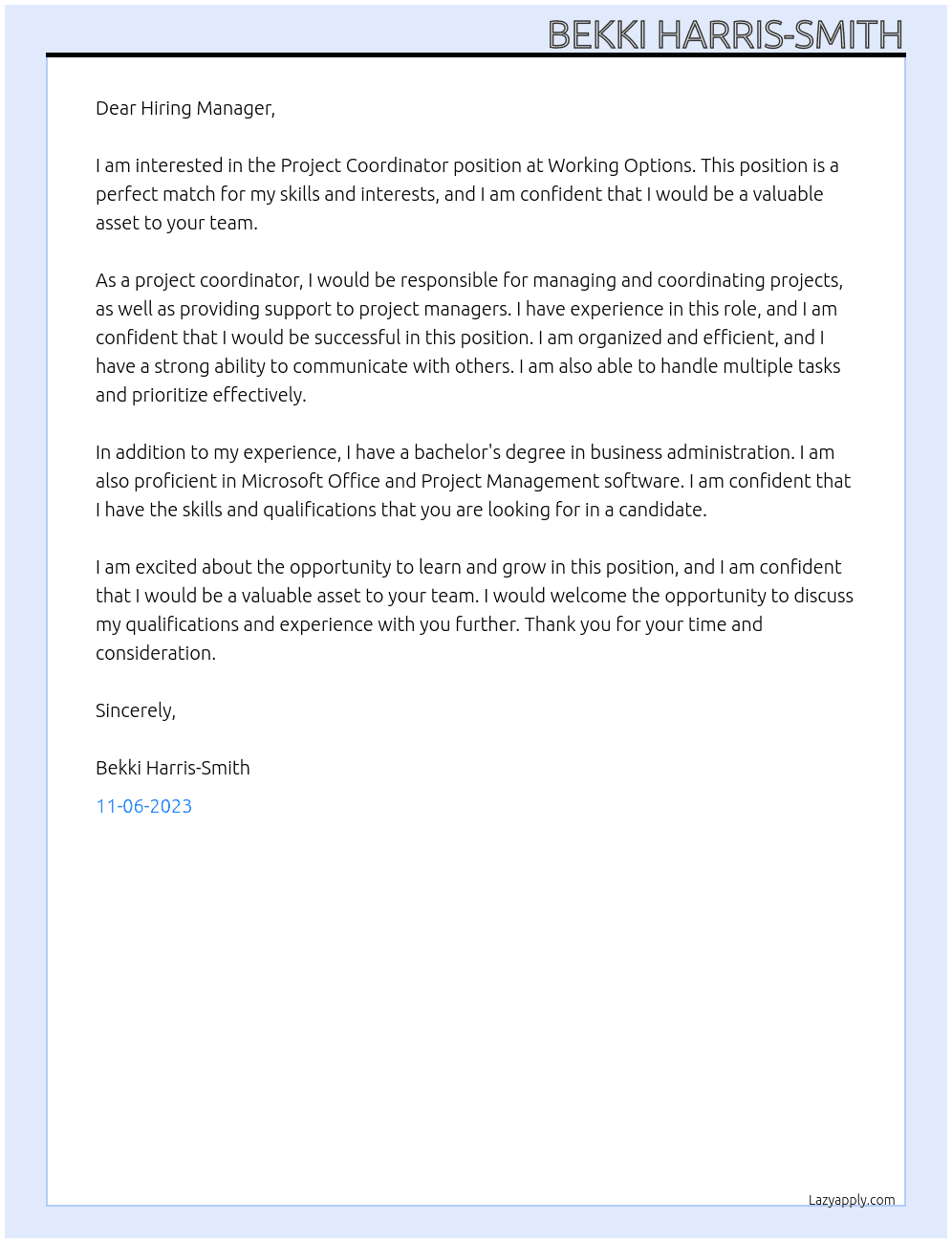 Project Coordinator  At Working Options Cover Letter
