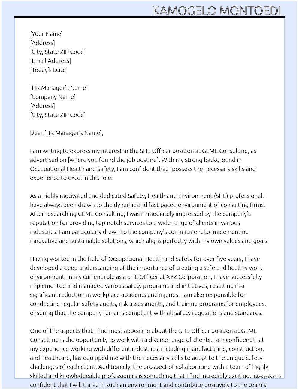 SHE Officer At GEME Consulting  Cover Letter