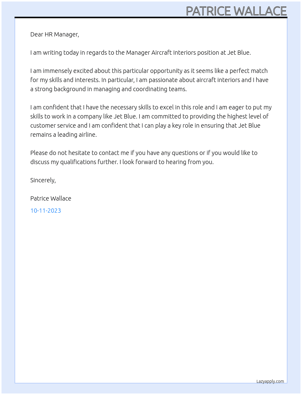 Manager Aircraft Interiors At Jet Blue Cover Letter
