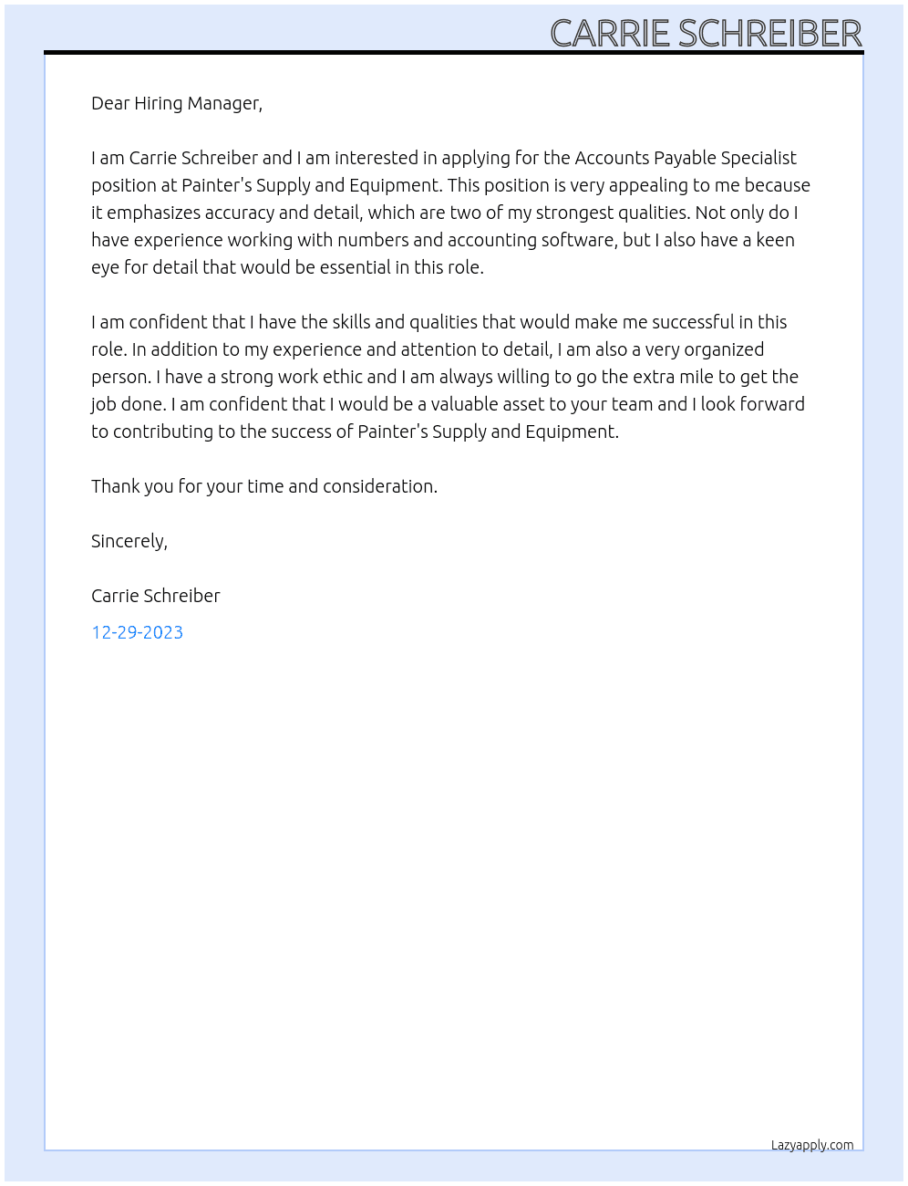 Accounts Payable Specialist At Painter's Supply and Equipment Cover Letter