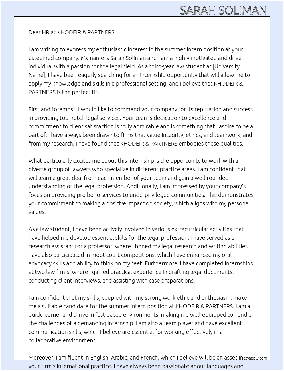 summer intern  At KHODEIR & PARTNERS Cover Letter