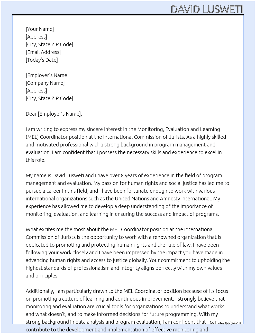 Monitoring, Evaluation and Learning (MEL) Coordinator At International Commission of Jurists Cover Letter