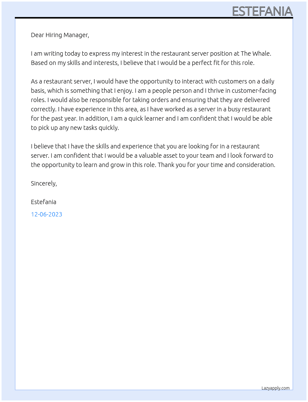 Restaurant Server At The Whale Cover Letter