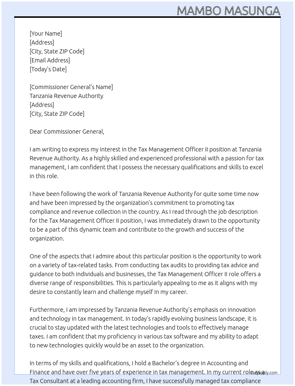 Tax Management Officer II At Tanzania Revenue Authority Cover Letter