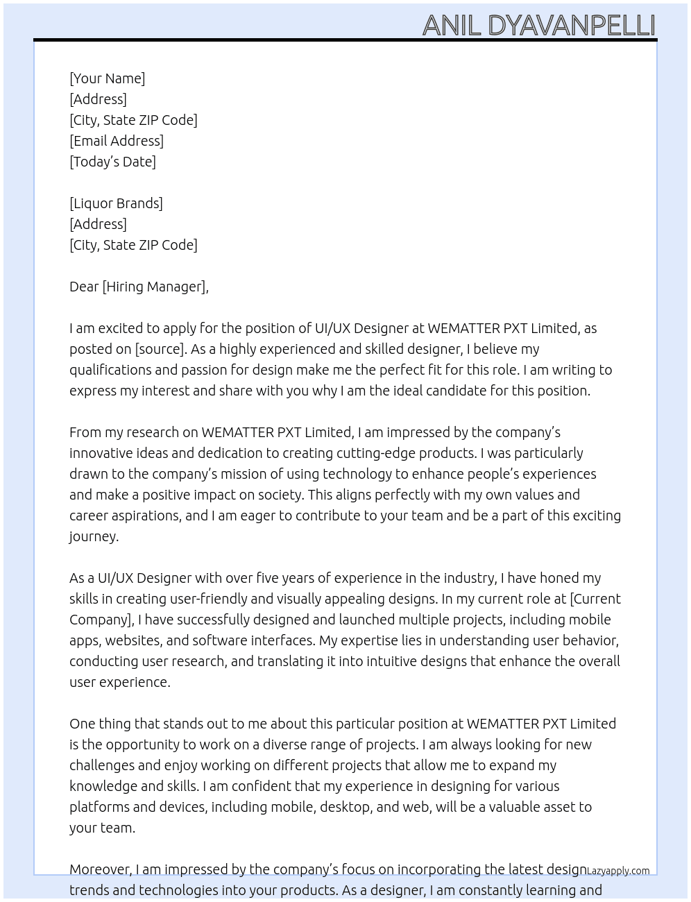UI/UX Designer At WEMATTER PXT Limited Cover Letter