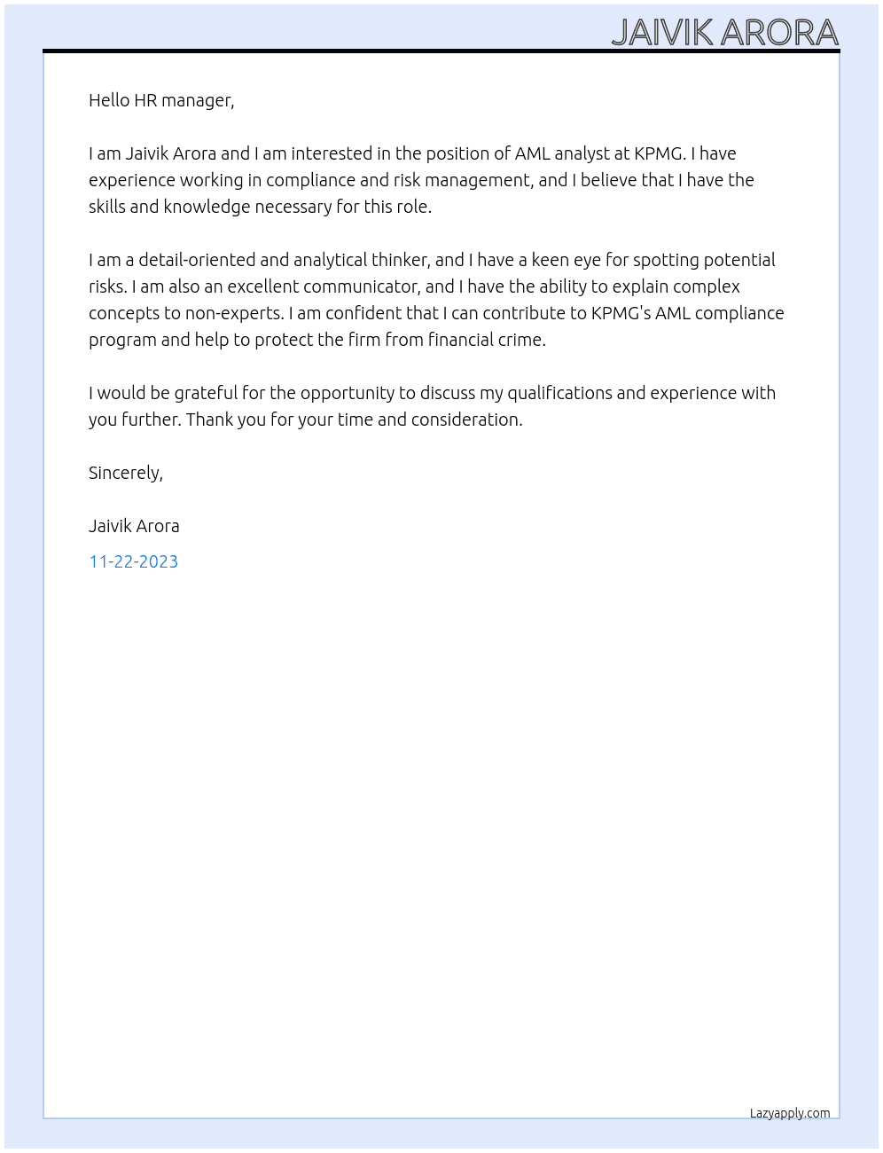 AML analyst At KPMG Cover Letter