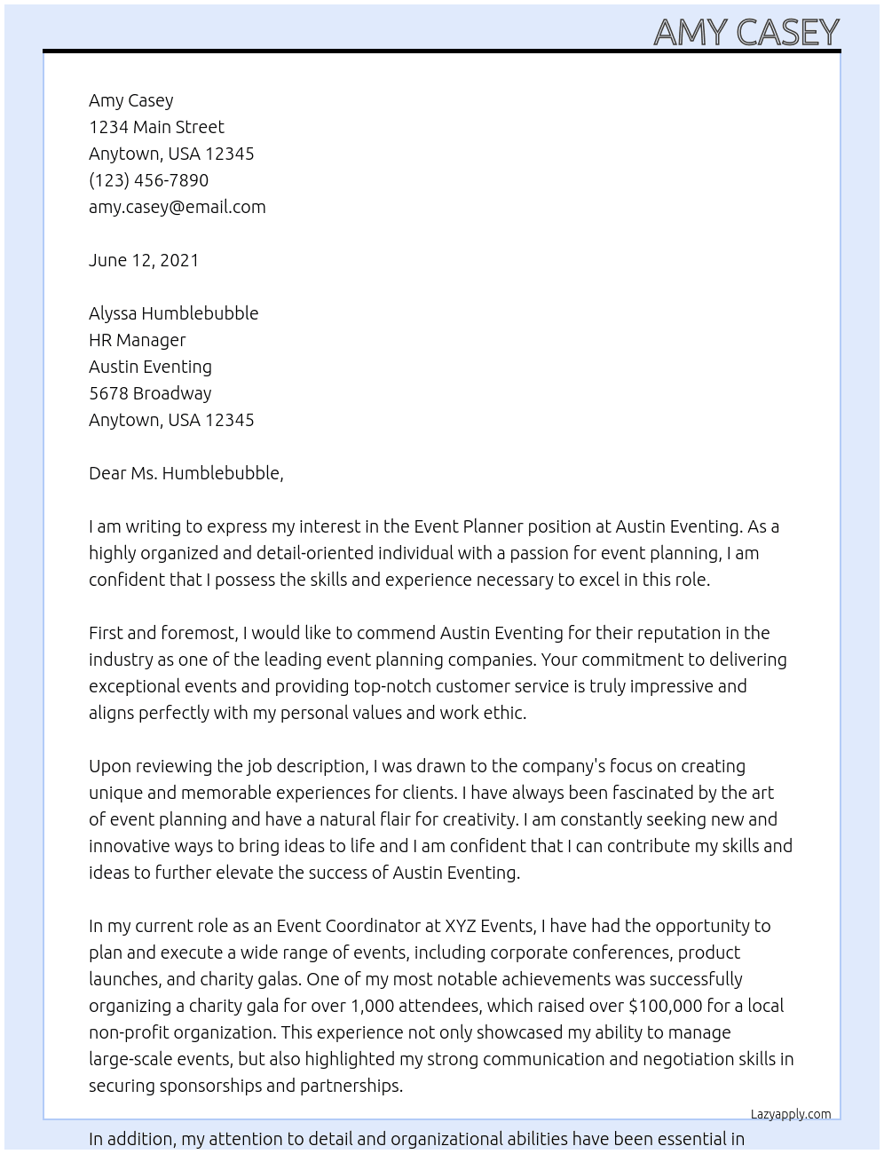Event Planner At Austin Eventing Cover Letter