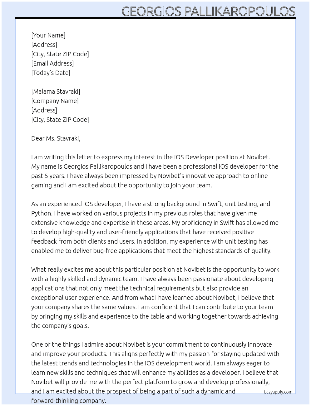 ios developer At novibet Cover Letter