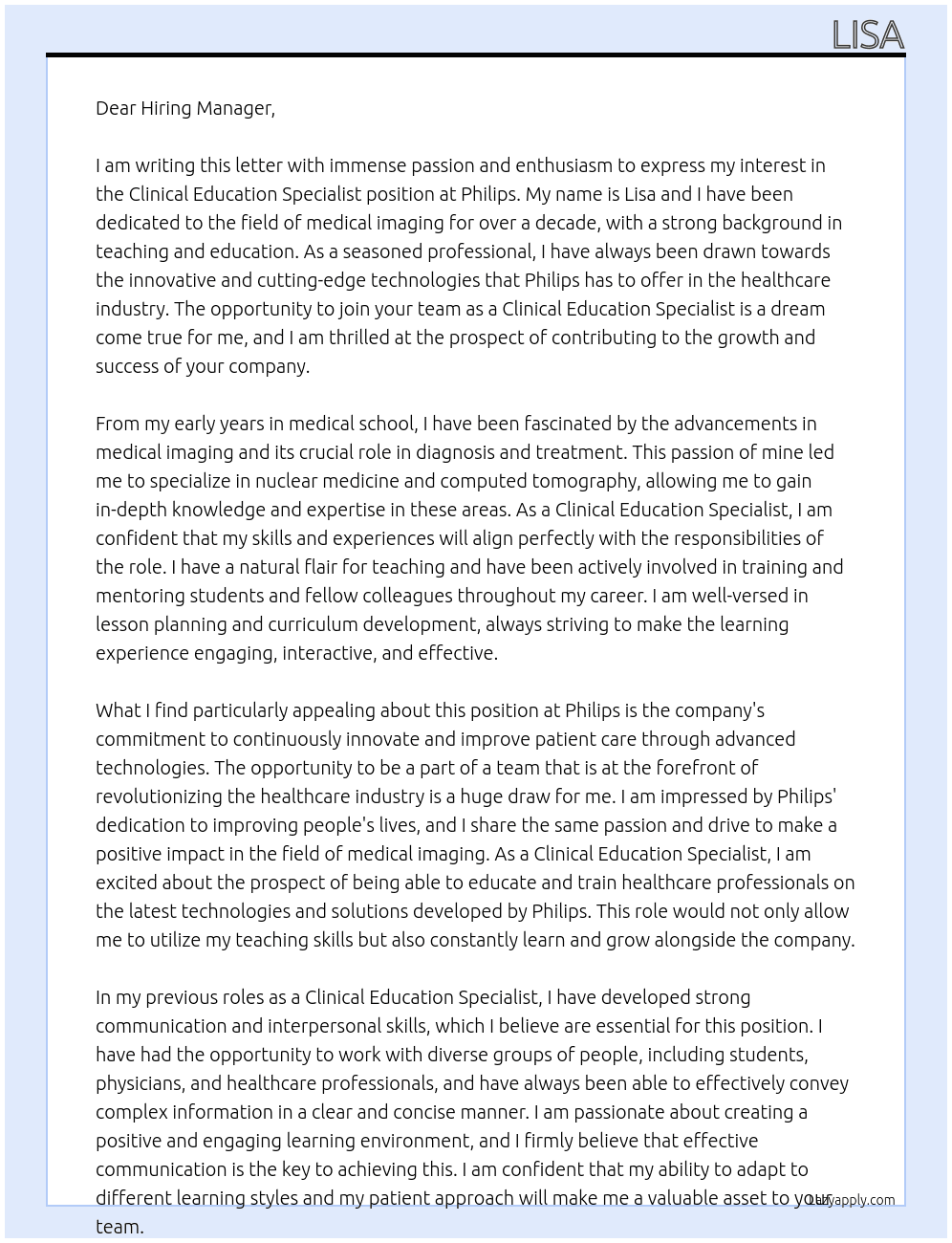 Clinical Education specialist At Philips Cover Letter