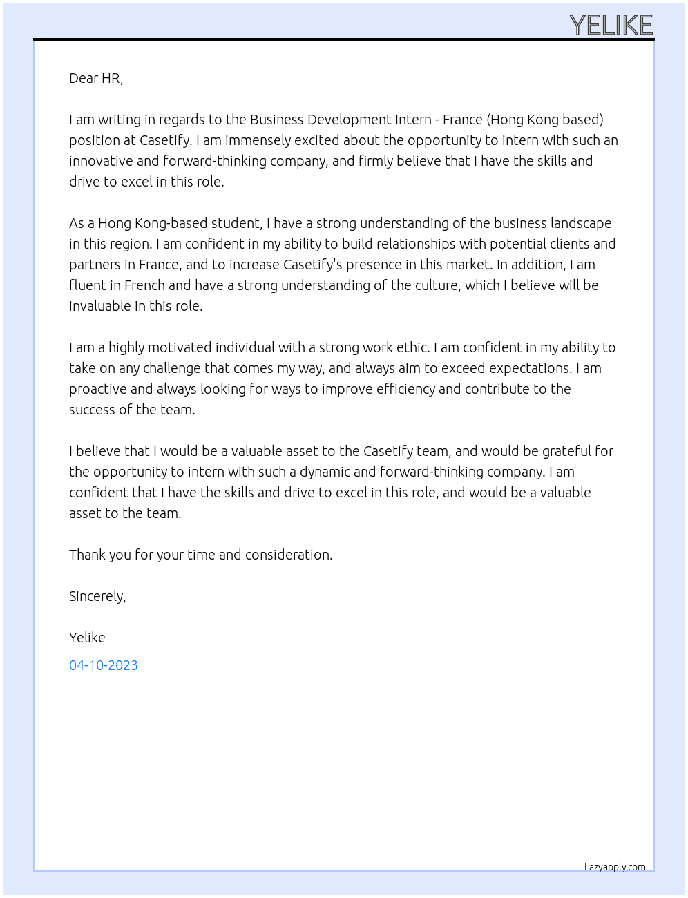 Business Development Intern - France (Hong Kong based) At Casetify Cover Letter