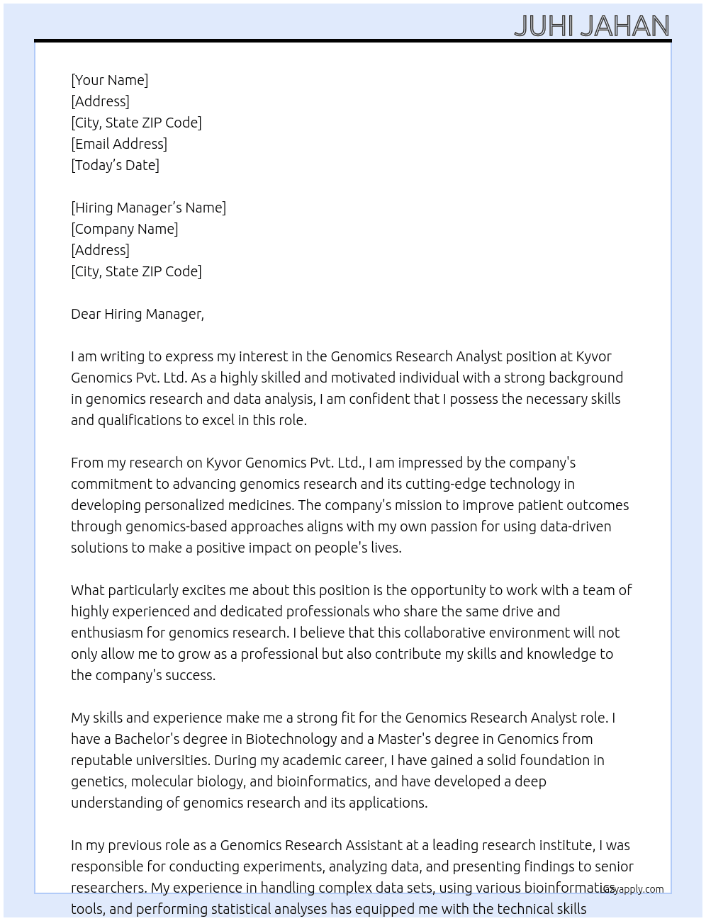 Genomics Research Analyst At Kyvor Genomics Pvt. Ltd. Cover Letter