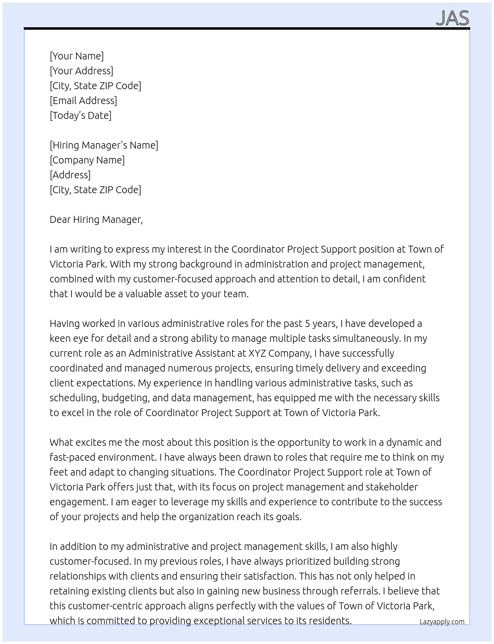 Coordinator Project Support At Town of Victoria Park Cover Letter