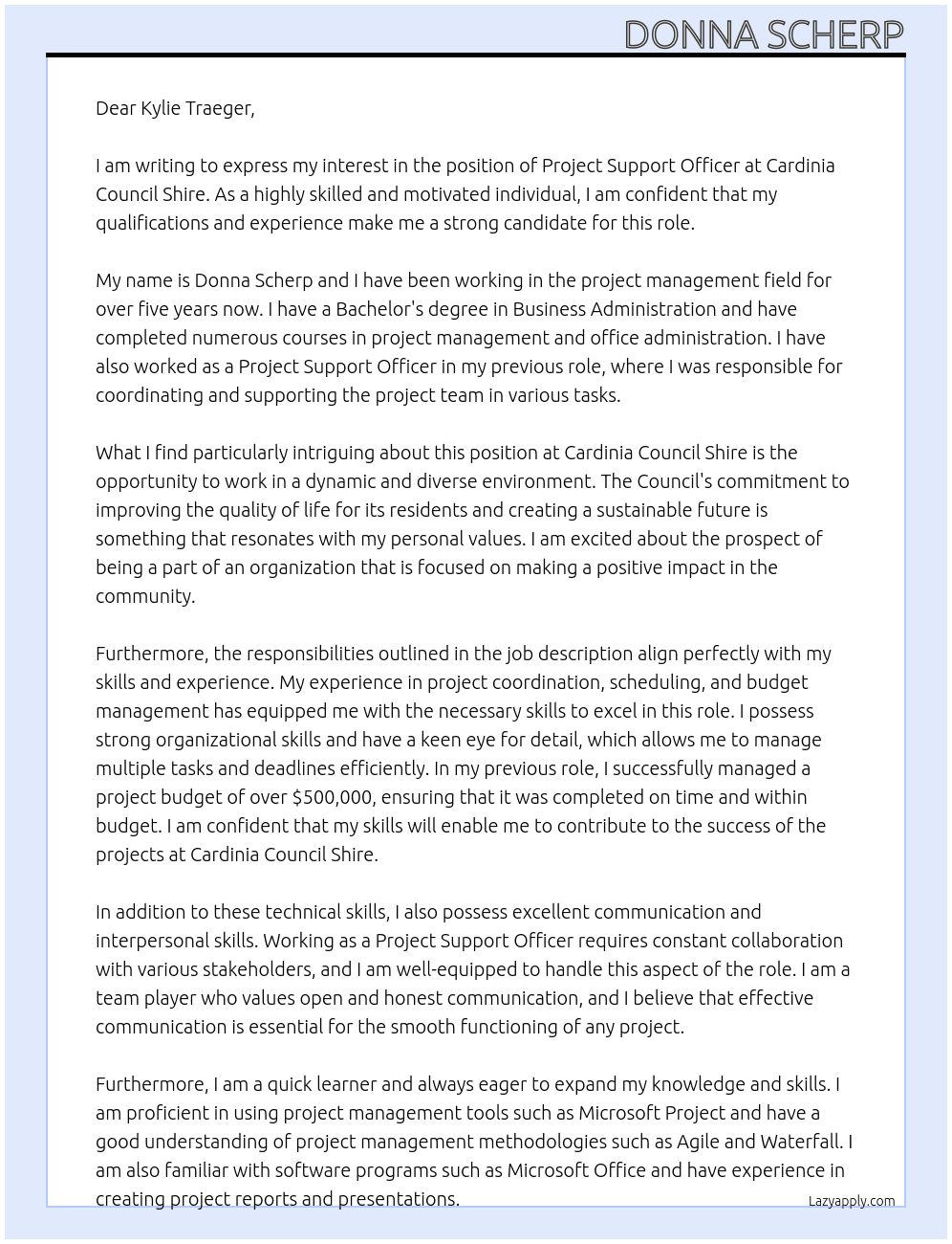 Project Support Officer  At Cardinia Council Shire  Cover Letter