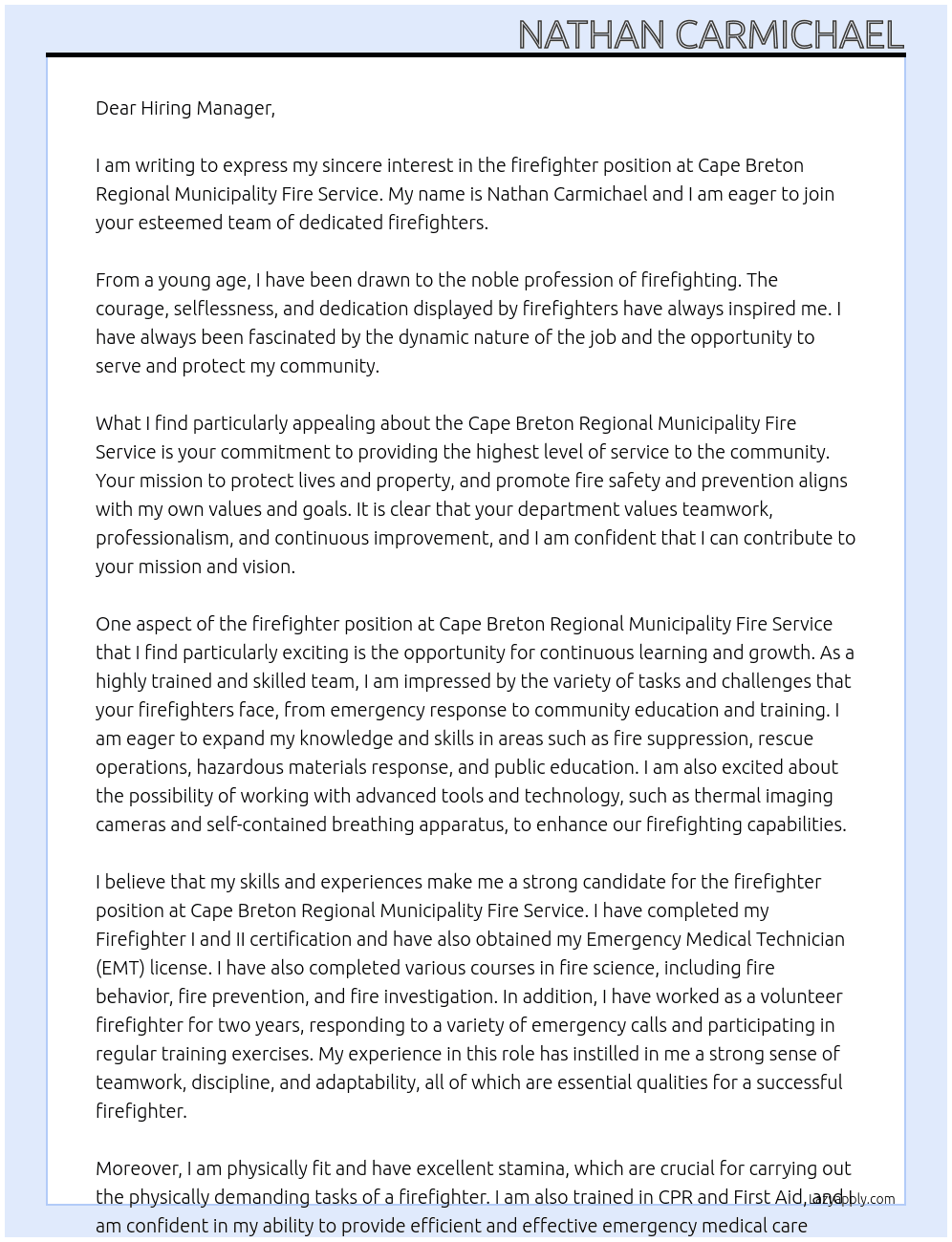 firefighter At Cape Breton Regional Municaplity Fire Service Cover Letter
