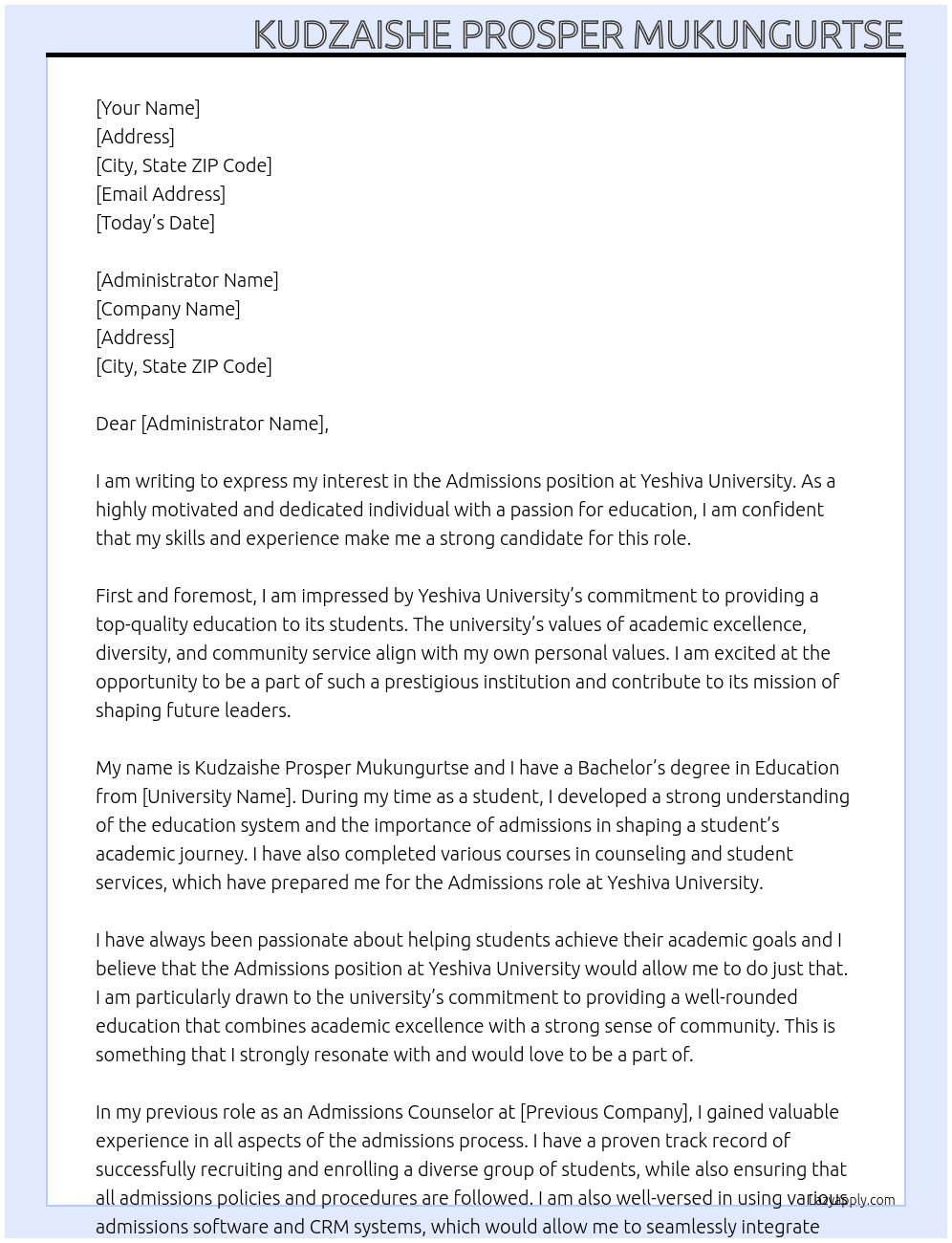 Admissions At Yeshiva University Cover Letter