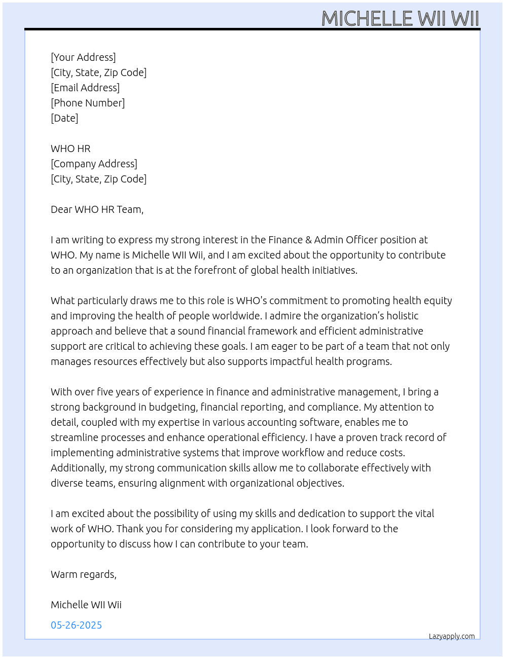 FIANCE & ADMIN OFFICER  At WHO Cover Letter