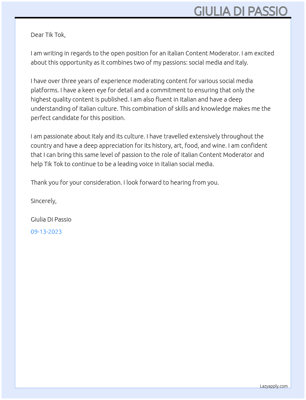 Italian Content Moderator At Tik Tok Cover Letter