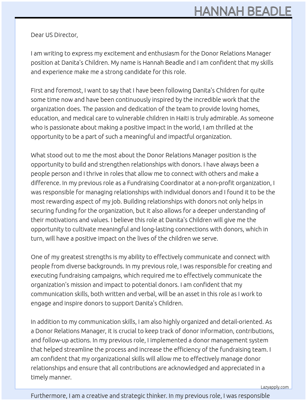 Donor Relations Manager At Danita's Children Cover Letter