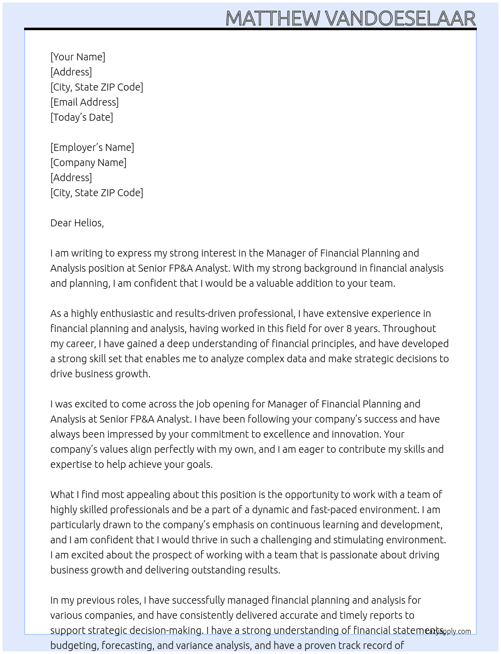 Manager of Financial Planning and Analysis At Senior FP&A Analyst Cover Letter