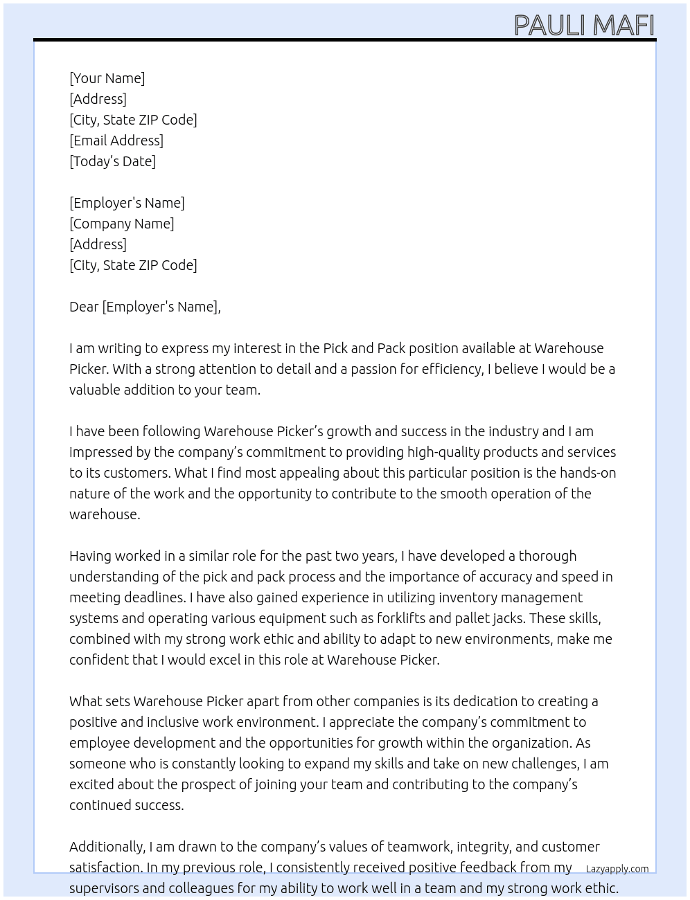 Pick and pack At Warehouse Picker Cover Letter