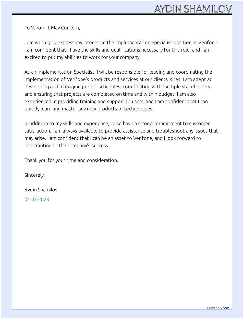 Implementation Specialist At Verifone Cover Letter