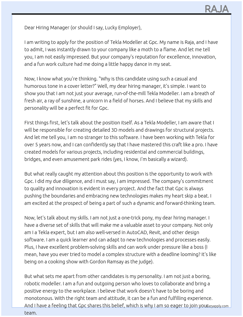 Tekla modeller  At Gpc  Cover Letter