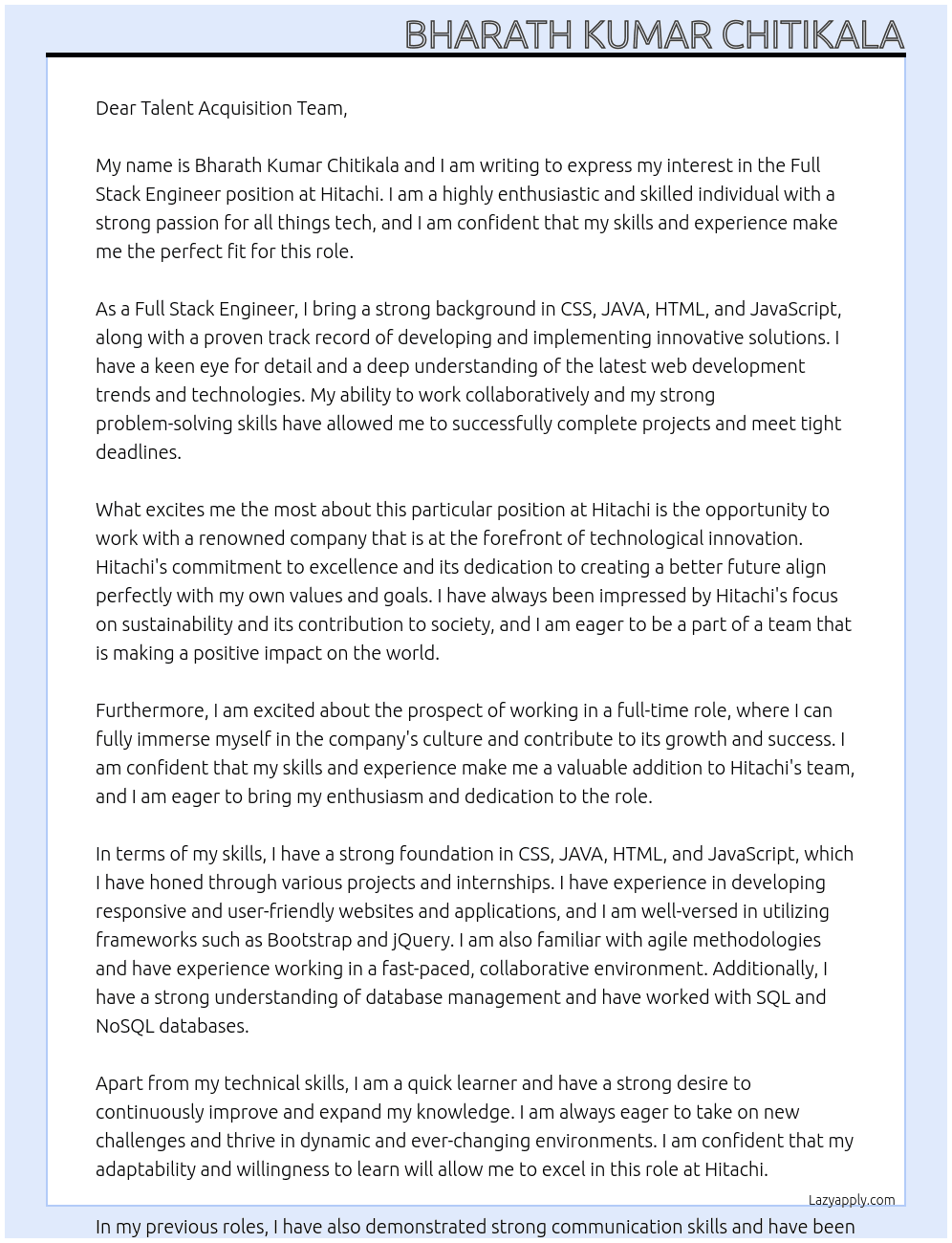 Full stack engineer At Hitachi Cover Letter