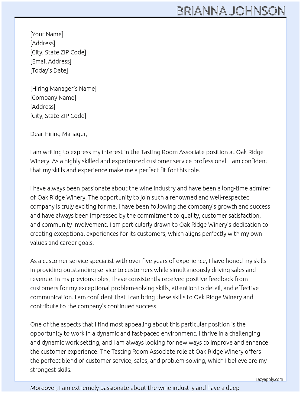 Tasting Room Associate  At Oak Ridge Winery  Cover Letter