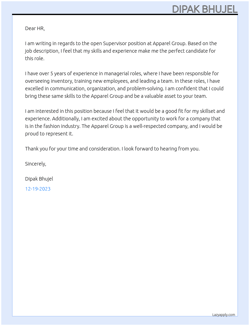 Supervisor At Apparel Group Cover Letter