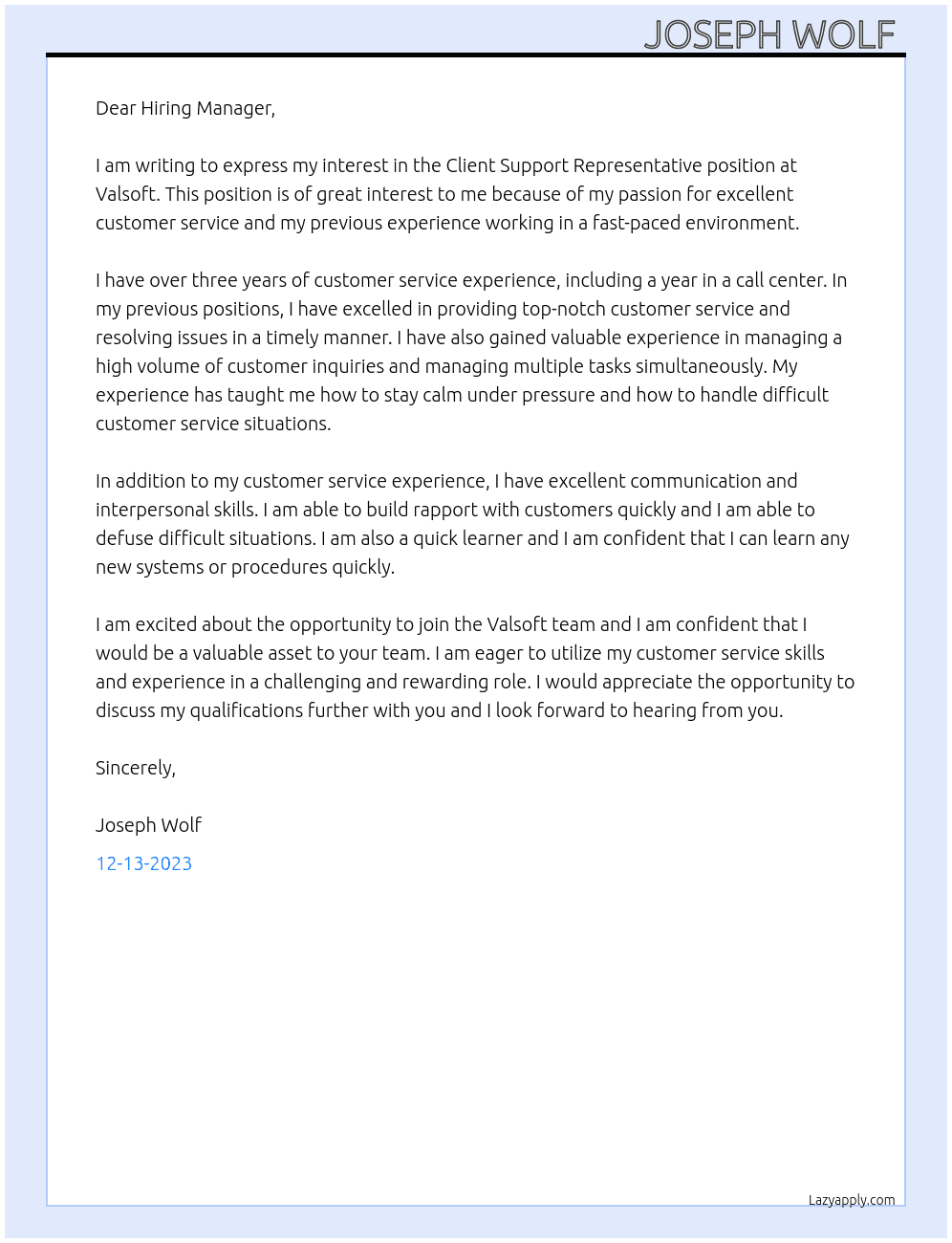 Client Support Representitive  At Valsoft  Cover Letter