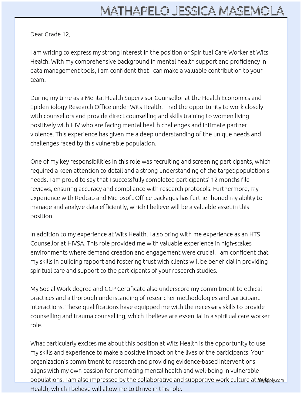 Spiritual Care Worker At Wits Health  Cover Letter