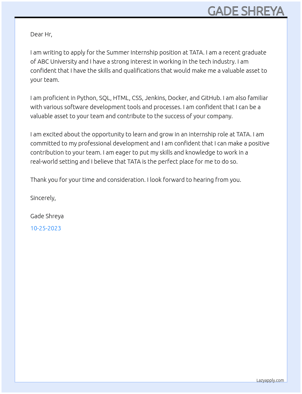 Summer Internship At TATA Cover Letter