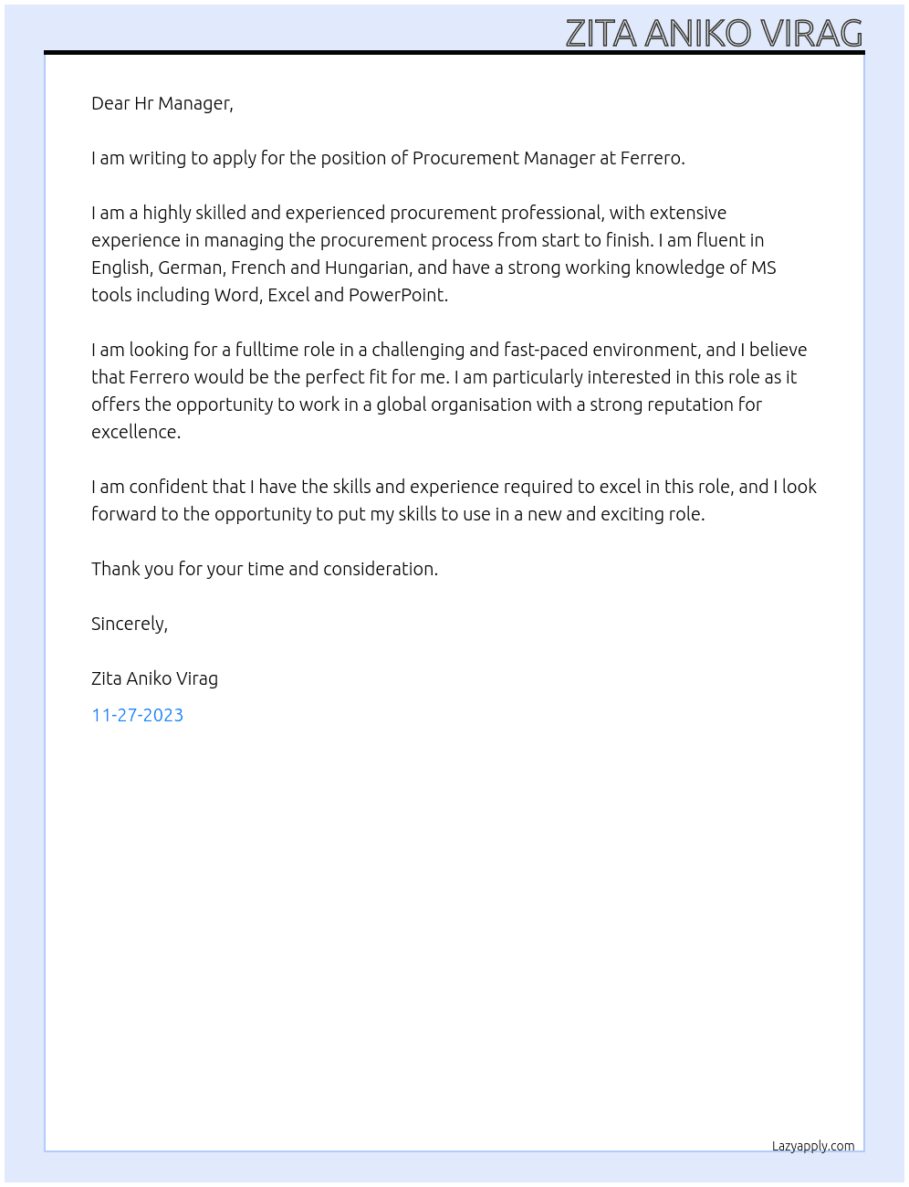 Procurement Manager At Ferrero Cover Letter