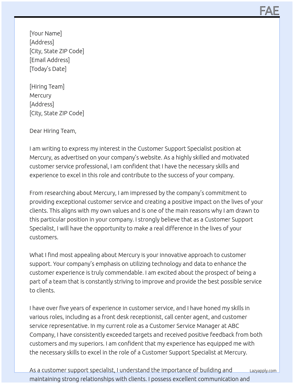 Customer Support Specialist At Mercury Cover Letter