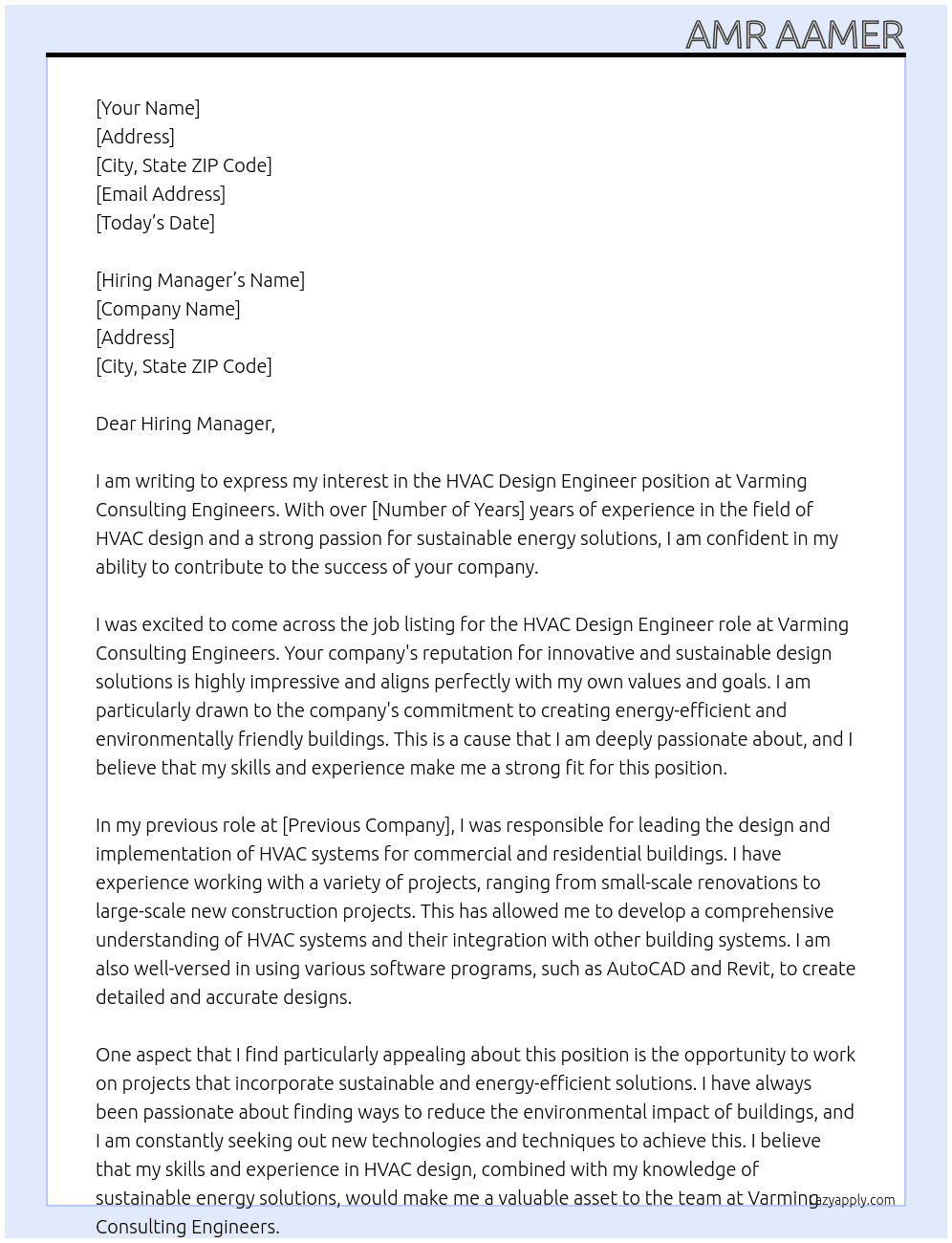 hvac design engineer At Varming Consulting Engineers Cover Letter