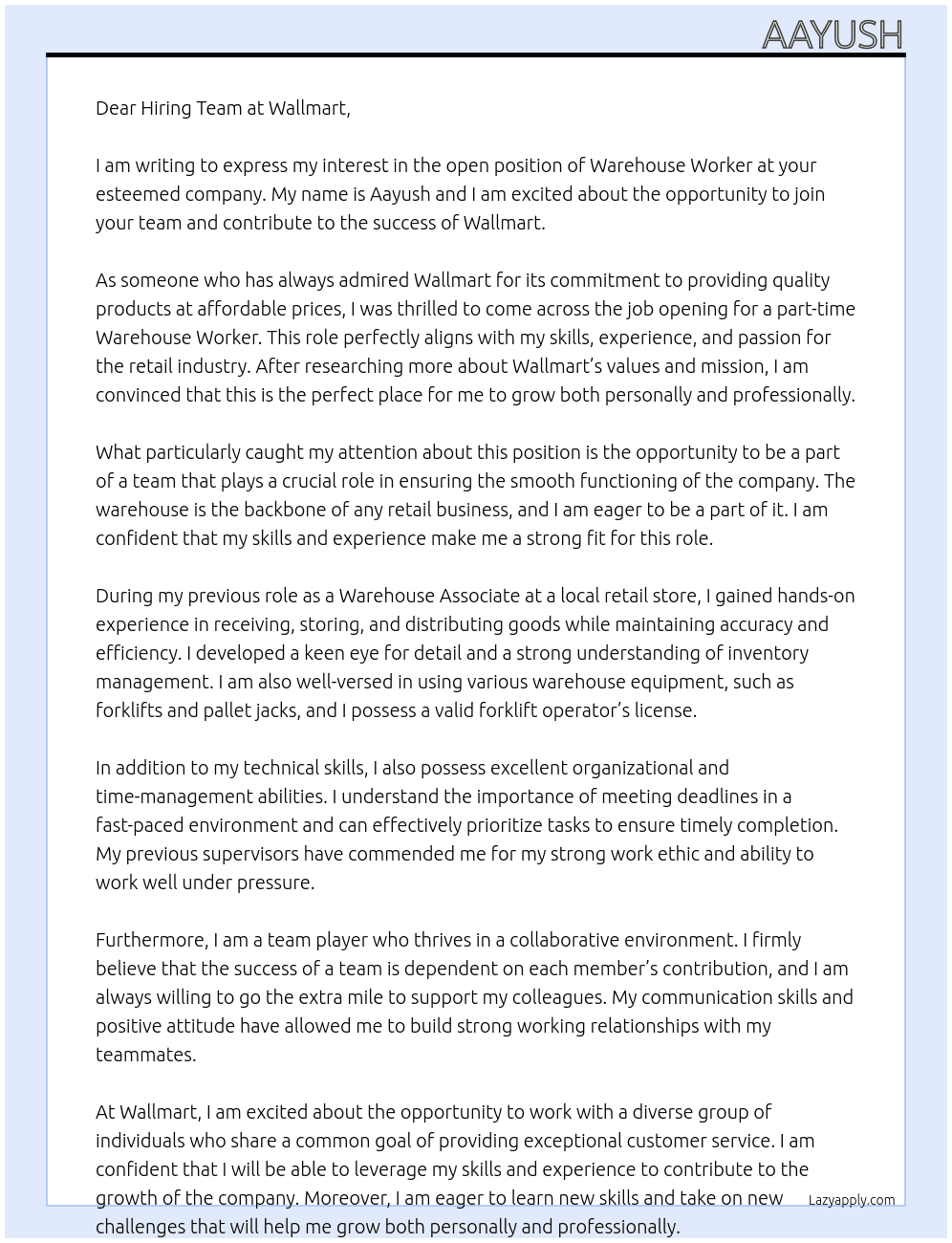 warehouse worker  At wallmart  Cover Letter